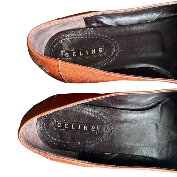 Celine Women’s Vintage Wooden Triomphe Cognac Brown Orange Leather Ballet Flat - Picture 6 of 11
